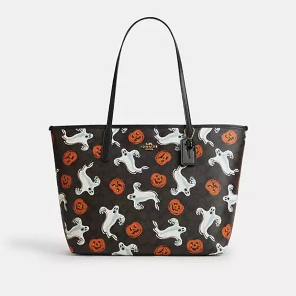 Coach Halloween City Tote Bag CCE69 Signature Ghost Pumpkins With Spider Charm - Picture 12 of 12